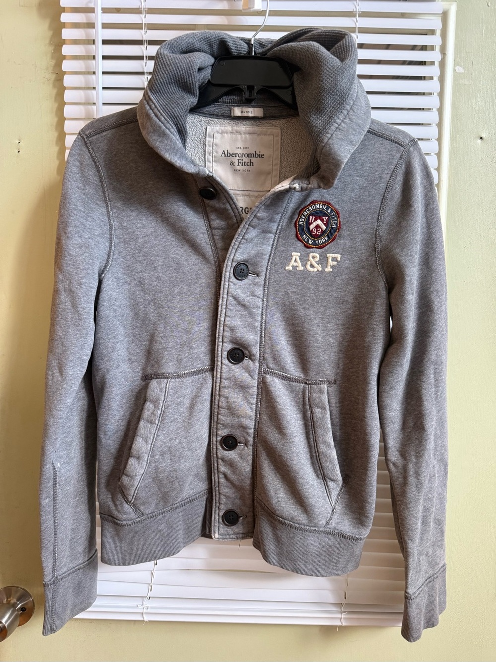 Abercrombie & Fitch Vintage Y2K Gray Button Up Hoodie Sweatshirt Crest Patch L
